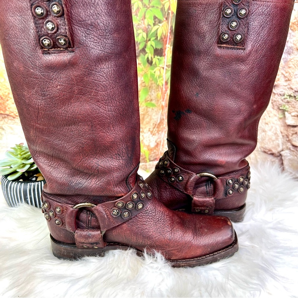 FRYE Heath Disc Harness Distressed Cognac Leather Boots, Beautiful Patina, 6B - Picture 11 of 16